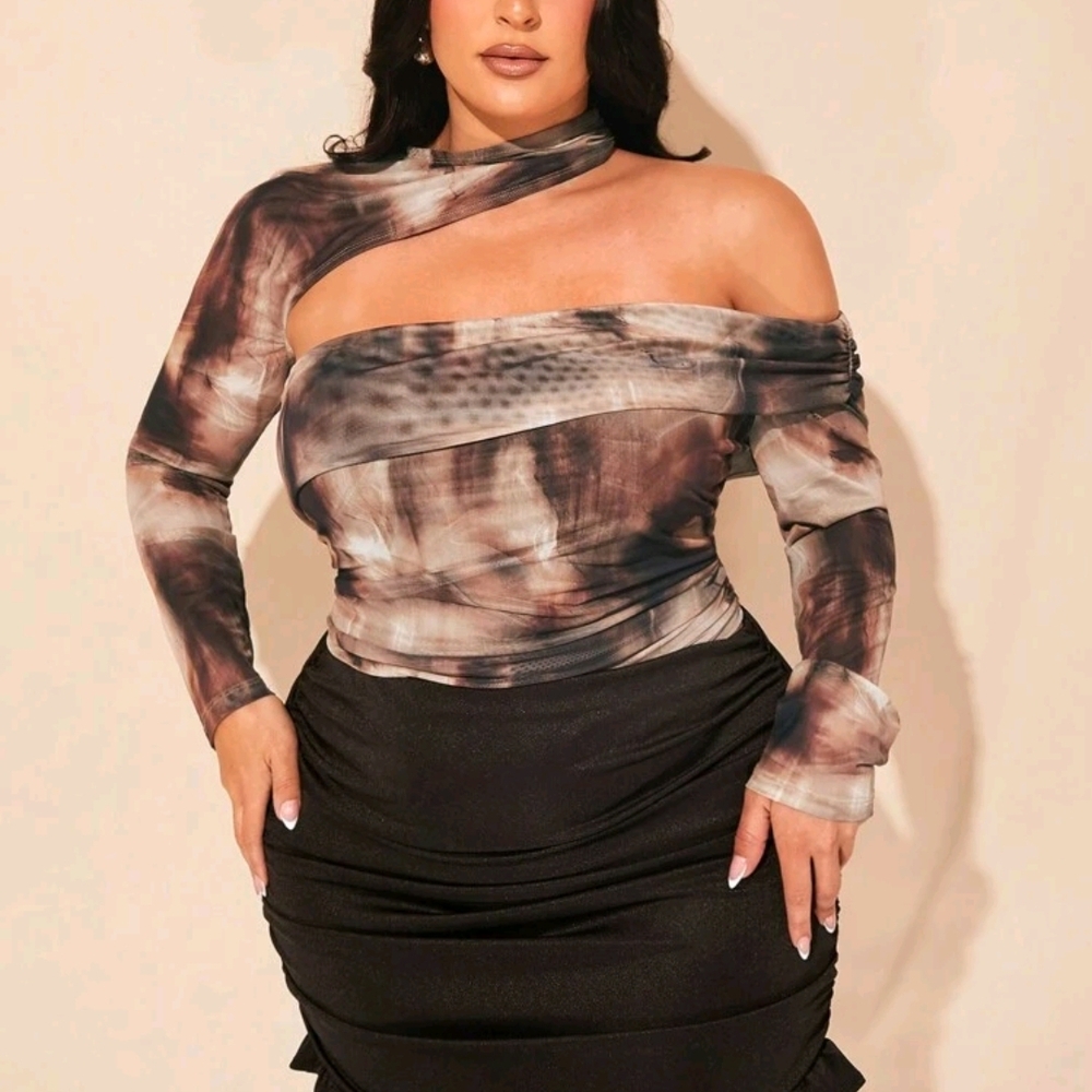 SHEIN Brown and Tan Asymmetrical Long Sleeve Bodysuit